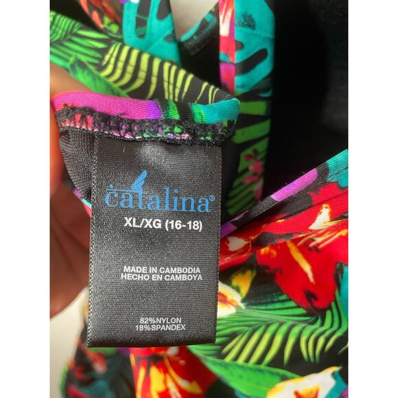 Catalina Floral Tropical One Piece Swimsuit Black Colorful XL Halter Tie Top - Picture 3 of 4